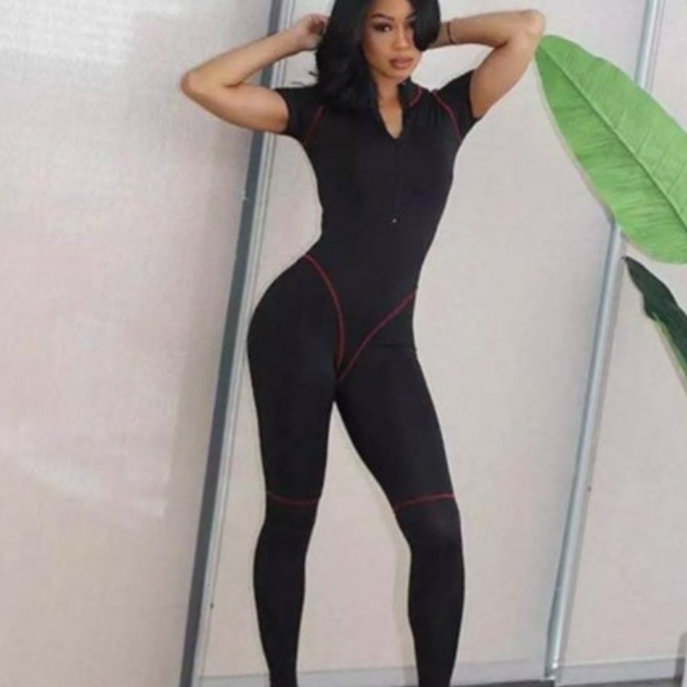 Short Sleeve Body Suit with Red Stitching